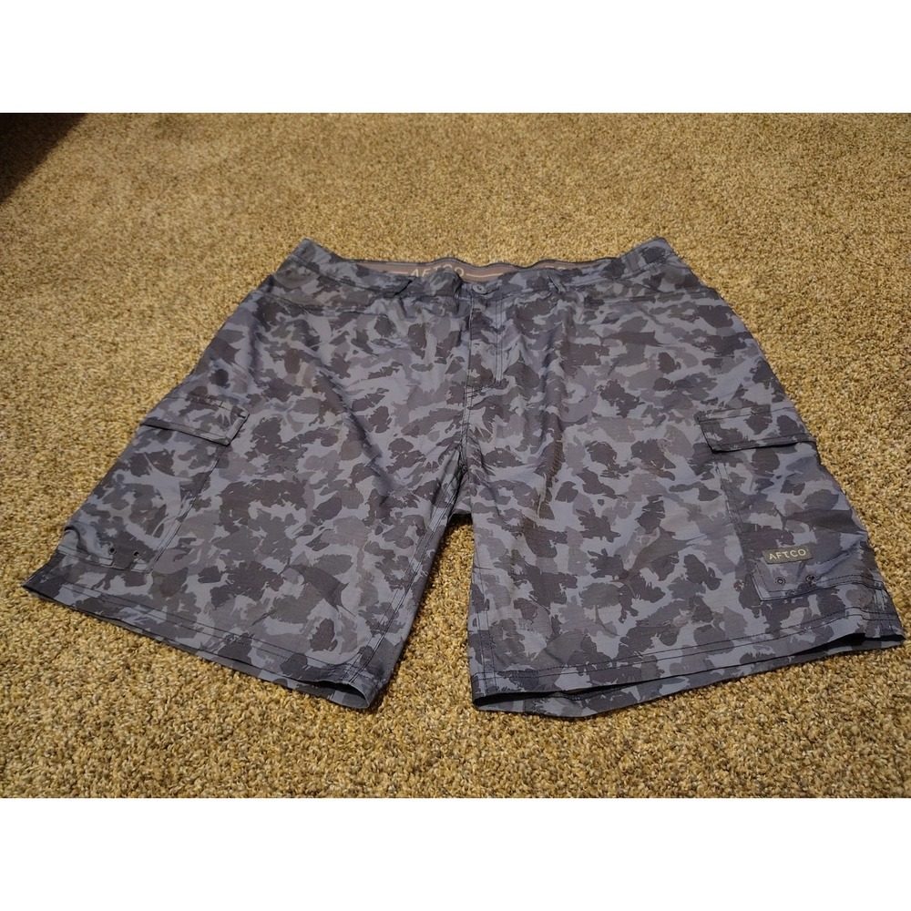 AFTCO Mens Grey Camo Cargo Fishing Shorts M125 Size 40 Quick Dry Stretch Ripstop